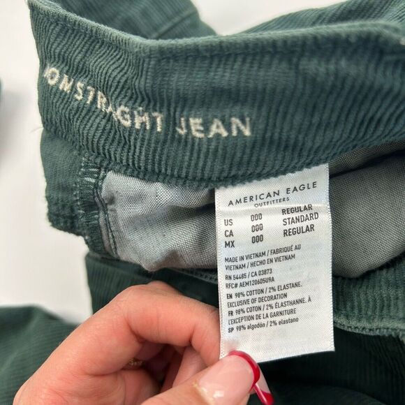 American Eagle Mom Straight Jeans Green Corduroy Size 000 Cotton Blend Stretch - Picture 10 of 11
